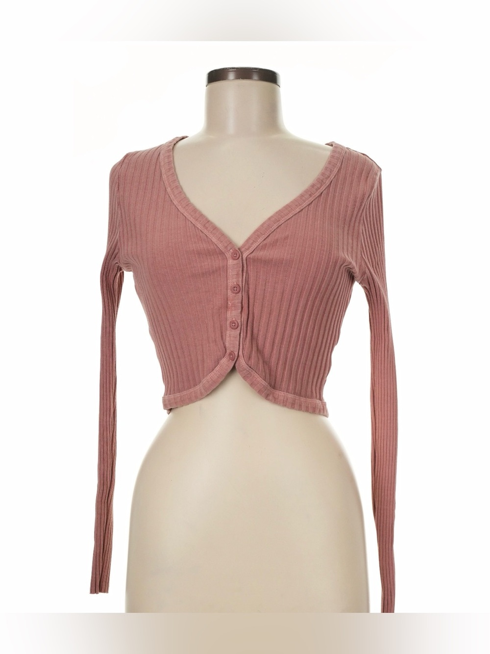 aerie Dusty Mauve Ribbed Button-Front Long-Sleeve Crop Top